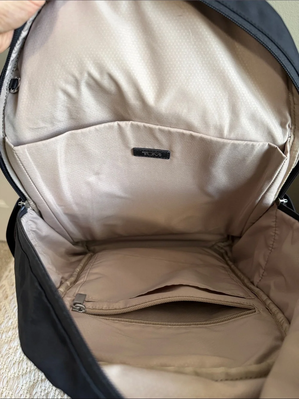 Tumi Black Backpack with Pink, Yellow & White Floral Print